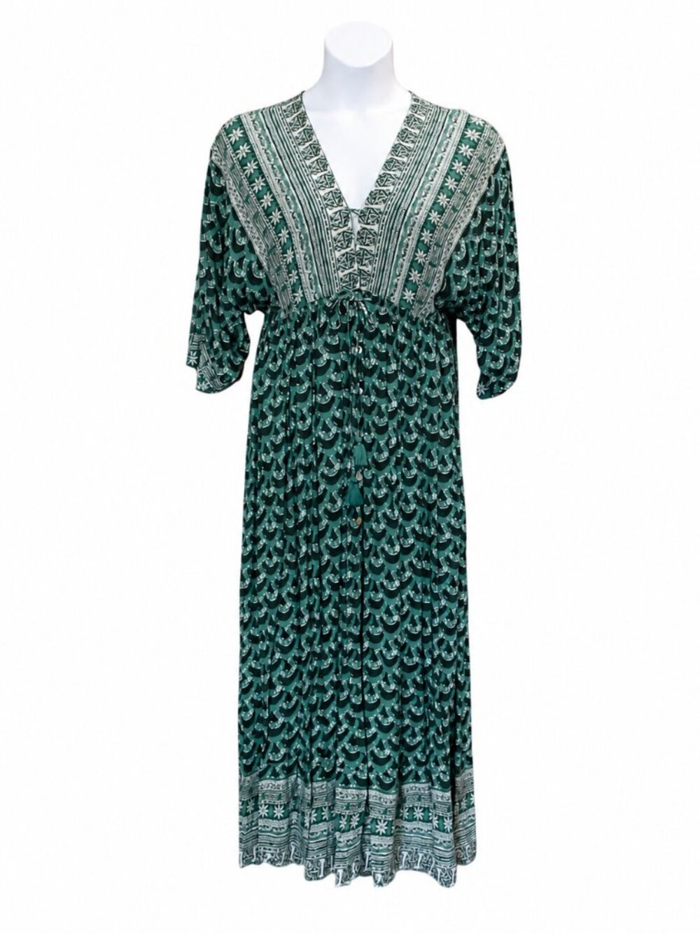 BOND 73 Green & White Boho Maxi Dress | Size Medium